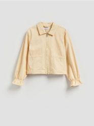 Jeansowa kurtka z kołnierzykiem - żółty. Żółte kurtki Reserved, l, bez wzorów, z denimu, bez kaptura. Za 139.99 zł.