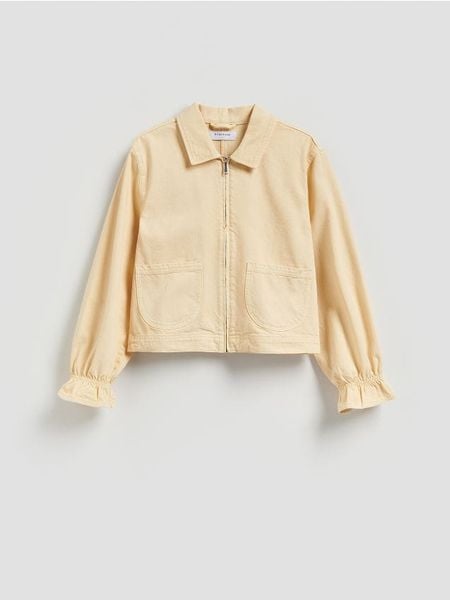 Jeansowa kurtka z kołnierzykiem - żółty. Żółte kurtki Reserved, l, bez wzorów, z denimu, bez kaptura. Za 139.99 zł.