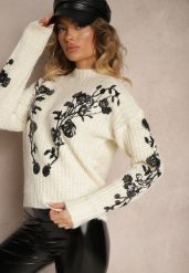 Jasnobeżowy Sweter z Wełną Cekinami i Kwiatowym Haftem Boredi. Brązowe swetry Renee, na zimę, m, bez wzorów, z jeansu, casualowe, bez ramiączek. W wyprzedaży za 135.99 zł.