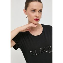 Liu Jo t-shirt damski kolor czarny. Czarne t-shirty Liu Jo, m, z aplikacjami, z materiału, bez kołnierzyka, bez ramiączek. W wyprzedaży za 189.99 zł.