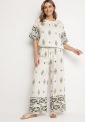 Beżowo-Ciemnozielony Wiskozowy Komplet w Stylu Boho Szerokie Spodnie i Bluzka T-shirt Sarilorae. Zielone bluzki Born2be, l, bez wzorów, z wiskozy, boho, bez kołnierzyka, bez ramiączek. Za 119.99 zł.