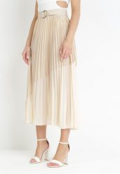 Beżowa Plisowana Spódnica Maxi z Materiałowym Paskiem z Klamerką Eleny. Brązowe spódnice Born2be, m, bez wzorów, z materiału, maxi. Za 89.99 zł.