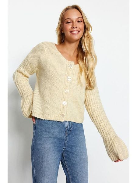Trendyol Kardigan w kolorze kremowym rozmiar: L. Brązowe swetry Trendyol, l, bez wzorów, ze splotem, bez ramiączek. Za 73.99 zł.