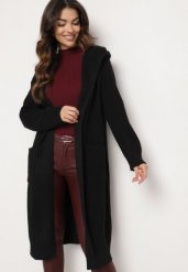 Czarny Niezapinany Kardigan z Wełną Bawełną i Kapturem o Długim Kroju Zozina. Czarne swetry Born2be, bez wzorów, z bawełny, eleganckie, bez ramiączek. W wyprzedaży za 93.49 zł.