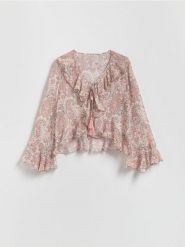 Wzorzysta bluzka - wielobarwny. Bluzki Reserved, l, bez wzorów, z tkaniny, bez kołnierzyka, bez ramiączek. W wyprzedaży za 79.99 zł.
