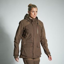 Kurtka damska wodoodporna Solognac 500. Brązowe kurtki SOLOGNAC, l, bez wzorów, ze skóry, sportowe, bez kaptura. Za 399.99 zł.