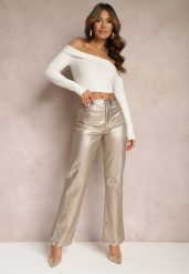 Złote Szerokie Spodnie Metaliczne High Waist z Ekoskóry Tranise. Żółte jeansy Renee, m, bez wzorów, z jeansu, z podwyższonym stanem. W wyprzedaży za 95.99 zł.