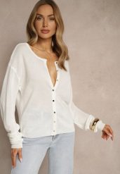 Biały Rozpinany Kardigan z Wiskozą Parvanis. Białe swetry Renee, s, z aplikacjami, z jeansu, eleganckie, bez ramiączek. W wyprzedaży za 83.99 zł.