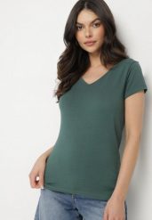 Ciemnozielony T-shirt z Bawełny o Prostym Kroju z Dekoltem w Serek Fevireena. Zielone t-shirty Born2be, l, bez wzorów, z bawełny, eleganckie, bez kołnierzyka, bez ramiączek. W wyprzedaży za 38.24 zł.