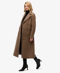 Płaszcz z Mieszanki Wełny z Podwójnym Rzędem Guzików. Brązowe płaszcze Superdry, m, bez wzorów, z wełny, eleganckie, bez kaptura. Za 1,063.35 zł.