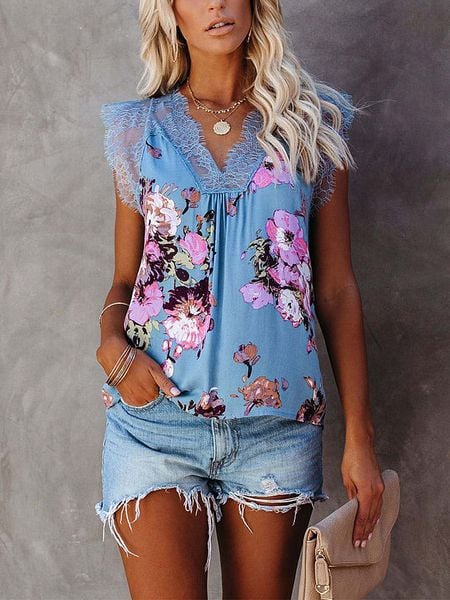 LA Angels Bluzka w kolorze błękitno-jasnoróżowym rozmiar: M. Niebieskie bluzki LA Angels, m, bez wzorów, z koronki, bez kołnierzyka, bez ramiączek. Za 118.84 zł.