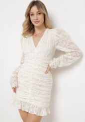 Beżowa Sukienka Mini z Tkaniny Plumeti z Marszczeniem Werenia. Brązowe sukienki Born2be, na co dzień, l, bez wzorów, z tkaniny, eleganckie, bez kołnierzyka, bez ramiączek, mini. W wyprzedaży za 110.49 zł.