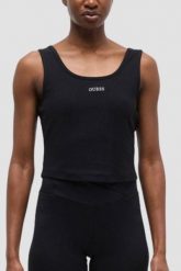GUESS Czarny damski tank top Circe, Rozmiar L. Czarne topy Guess, l, z aplikacjami, z materiału, eleganckie, bez kołnierzyka, bez ramiączek. W wyprzedaży za 179.99 zł.