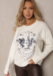 Jasnobeżowy Sweter Ozdobiony Haftowanym Wzorem w Ptaki Inarielle. Brązowe swetry Renee, bez wzorów, casualowe, bez ramiączek. W wyprzedaży za 135.99 zł.