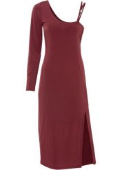 Sukienka midi one-shoulder. Czerwone sukienki bonprix, bez wzorów, z asymetrycznym kołnierzem, bez ramiączek, midi, asymetryczne. Za 69.99 zł.