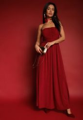 Bordowa Marszczona Koktajlowa Sukienka Bandeau z Wiskozą Nalirion. Czerwone sukienki Renee, na imprezę, l, bez wzorów, z wiskozy, eleganckie, bez kołnierzyka, bez ramiączek, maxi. W wyprzedaży za 139.99 zł.