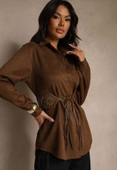 Brązowa Koszula Boho z Dodatkowym Paskiem Zdobionym Frędzlami Uniala. Brązowe koszule Renee, l, z aplikacjami, z jeansu, boho, bez kołnierzyka, bez ramiączek. Za 139.99 zł.