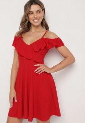 Czerwona Sukienka Rozkloszowana na Ramiączkach z Falbankami Polauri. Czerwone sukienki Born2be, na co dzień, m, bez wzorów, eleganckie, bez kołnierzyka, bez ramiączek, mini, rozkloszowane. Za 99.99 zł.