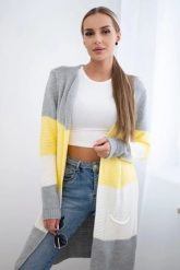 Sweter Kardigan w pasy szary+żółty. Szare swetry KESI, l, bez wzorów, z wełny, plus size, bez ramiączek. Za 178.78 zł.