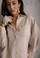 Beżowa Koszula z Wiskozy z Domieszką Lnu ze Strukturalnego Materiału Sewrita. Brązowe koszule Renee, s, bez wzorów, ze lnu, street, bez kołnierzyka, bez ramiączek. Za 99.99 zł.