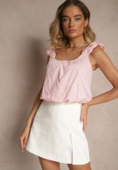 Różowy Bawełniany Top o Bufiastym Kroju na Marszczonych Ramiączkach Sefionne. Czerwone topy Renee, l, bez wzorów, z bawełny, eleganckie, bez kołnierzyka, bez ramiączek. W wyprzedaży za 67.99 zł.