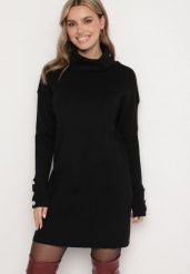 Czarna Sukienka z Golfem Bawełną i Wełną Ozdobiona Guzikami Ilathor. Czarne sukienki Born2be, na co dzień, m, bez wzorów, z bawełny, eleganckie, bez kołnierzyka, bez ramiączek, maxi, kopertowe. W wyprzedaży za 76.49 zł.