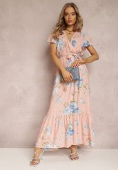 Jasnoróżowa Sukienka w Kwiaty o Kopertowym Kroju z Wiązanym Paskiem Iphene. Czerwone sukienki Renee, na co dzień, l, bez wzorów, eleganckie, bez kołnierzyka, bez ramiączek, maxi, kopertowe. W wyprzedaży za 63.99 zł.