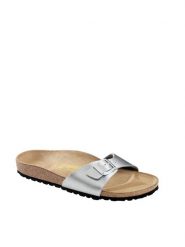 Birkenstock Klapki w kolorze srebrnym rozmiar: 37. Szare klapki Birkenstock, bez wzorów, z materiału, klasyczne, z otwartym noskiem, bez obcasa, bez zapięcia. Za 242.13 zł.