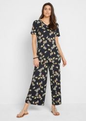 Bluzka i spodnie culotte z lejącej wiskozy (komplet dwuczęściowy). Czarne kombinezony bonprix, bez wzorów, z wiskozy, eleganckie, bez kołnierzyka, bez ramiączek. Za 149.99 zł.