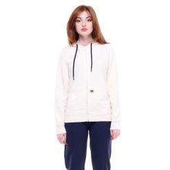 Podstawowa damska bluza z kapturem i zamkiem błyskawicznym. Białe bluzy z kapturem LEONE 1947 APPAREL, l, bez wzorów, z tkaniny, z kapturem, na fitness i siłownię. Za 151.56 zł.