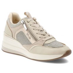 Beżowe Sneakersy Tamaris Eleganckie Obuwie Damskie Na Koturnie. Brązowe buty treningowe Tamaris, z aplikacjami, z materiału, bez zapięcia. Za 359.99 zł.
