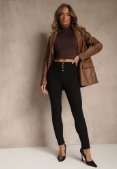 Czarne Spodnie High Waist z Gumką w Talii i Ozdobną Imitacją Guzików Wedevire. Czarne jeansy Renee, l, z aplikacjami, z jeansu, z podwyższonym stanem. Za 49.99 zł.