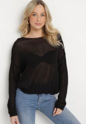 Czarny Cienki Ażurowy Sweter Wiskozowy Sanivea. Czarne swetry Born2be, m, w ażurowe wzory, z jeansu, bez ramiączek. Za 139.99 zł.