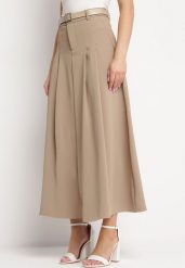 Beżowa Spódnica Rozkloszowana Maxi z Paskiem z Klamrą Sawen. Brązowe spódnice Born2be, m, bez wzorów, eleganckie, maxi, rozkloszowane. W wyprzedaży za 152.99 zł.