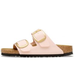 Klapki Birkenstock Arizona Big Buckle Birkibuc Damskie. Czerwone klapki Birkenstock, bez wzorów, z nubiku, eleganckie, bez obcasa, bez zapięcia. Za 531.90 zł.