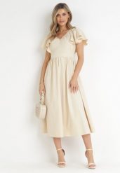 Beżowa Sukienka Midi z Falbanami przy Ramionach Happisa. Brązowe sukienki Born2be, na imprezę, l, bez wzorów, eleganckie, bez kołnierzyka, bez ramiączek, maxi. W wyprzedaży za 101.99 zł.