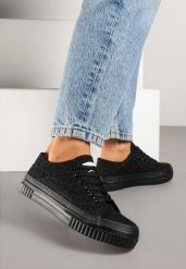 Czarne Casualowe Trampki z Cholewką Zdobioną Haftem Meppna. Czarne trampki Born2be, z aplikacjami, z jeansu, eleganckie, bez zapięcia. W wyprzedaży za 76.49 zł.