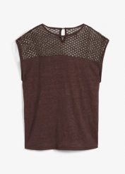 Top z czystego lnu. Czerwone topy bonprix, w ażurowe wzory, ze lnu, bez kołnierzyka, bez ramiączek. Za 64.99 zł.