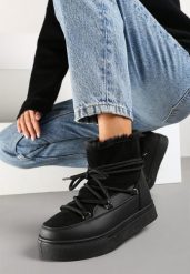 Czarne Sznurowane Śniegowce na Platformie Izastria. Czarne śniegowce Renee, bez wzorów, z jeansu, bez zapięcia. Za 89.99 zł.