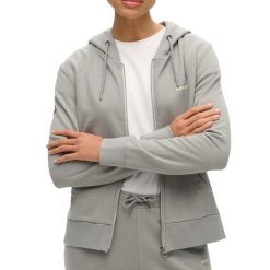 Bluza z kapturem i zamkiem gładka. Szare bluzy Superdry, m, bez wzorów, z bawełny, eleganckie, bez ramiączek, z kapturem. Za 349.65 zł.