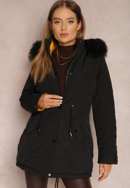 Czarno-Żółta Kurtka Dwustronna Pikowana z Kapturem z Futerkiem Armenia. Czarne kurtki Renee, l, bez wzorów, z jeansu, eleganckie, z kapturem. Za 219.99 zł.