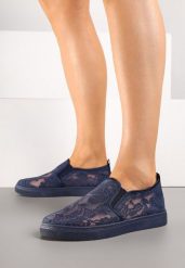 Granatowe Tenisówki z Koronkową Cholewką Fenvalia. Niebieskie trampki Renee, bez wzorów, z jeansu, bez zapięcia. W wyprzedaży za 51.99 zł.