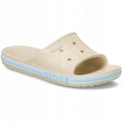 Klapki Dla Dorosłych Crocs Bayaband Slide. Białe klapki Crocs, bez wzorów, z materiału, bez obcasa, bez zapięcia. Za 119.99 zł.