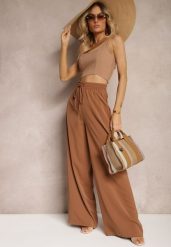Brązowe Szerokie Spodnie High Waist z Gumką w Talii i Regulowanym Troczkiem Ekalea. Brązowe jeansy Renee, bez wzorów, z jeansu, eleganckie, z podwyższonym stanem. W wyprzedaży za 56.99 zł.