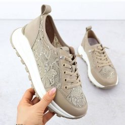Półbuty damskie sneakersy z koronką beżowe Vinceza 66783. Brązowe półbuty wsuwane VINCEZA, bez wzorów, z koronki, bez obcasa. Za 103.50 zł.
