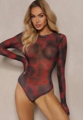 Bordowe Body z Siateczki z Długimi Rękawami i Wzorem Tie-Dye Itavia. Czerwone body i gorsety Renee, bez wzorów, z jeansu, bez ramiączek. W wyprzedaży za 63.99 zł.