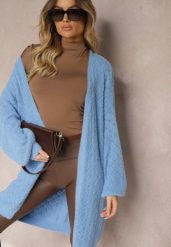 Niebieski Sweter o Długim Fasonie z Dekoltem V i Ozdobnym Splotem Jovima. Niebieskie swetry Renee, uniwersalny, bez wzorów, z jeansu, bez ramiączek. Za 69.99 zł.