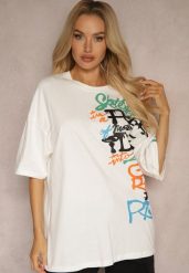 Biała Koszulka T-shirt z Napisami w Stylu Graffiti z Bawełny Venoma. Białe t-shirty Renee, l, bez wzorów, z bawełny, bez kołnierzyka, bez ramiączek. W wyprzedaży za 47.99 zł.