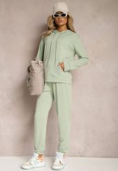 Jasnozielony Klasyczny Komplet Dresowy z Bluzą Kangurką i Spodniami Typu Jogger Salevia. Zielone bluzy Renee, m, bez wzorów, z dresówki, klasyczne, bez ramiączek, bez kaptura. Za 59.99 zł.