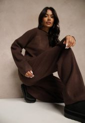 Brązowy Komplet Oversize z Dzianiny z Wełną Sweter i Szerokie Spodnie Alenria. Brązowe swetry Renee, l, bez wzorów, z dzianiny, eleganckie, bez ramiączek. Za 149.99 zł.